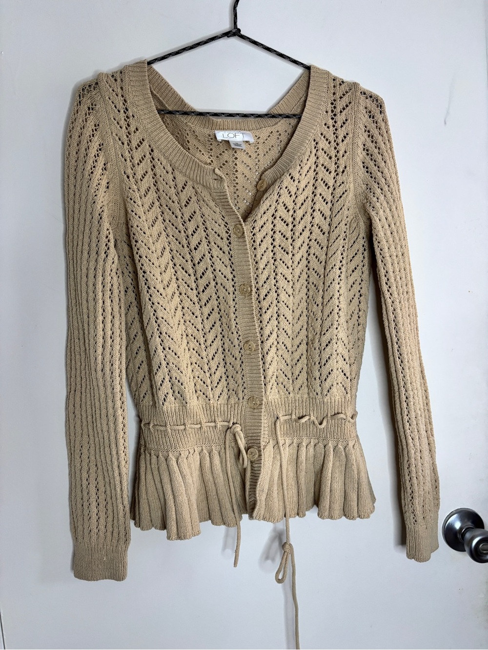Loft Cream Chevron Knit Cottagecore Preppy Cardigan Sweater with Tie Waist